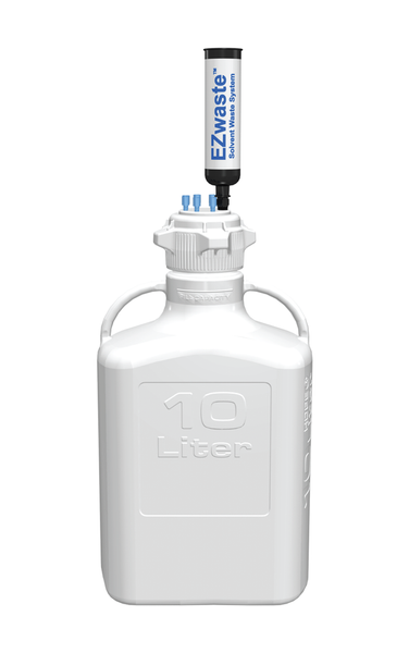 EZwaste® HD Safety Vent Carboy 10L HDPE with VersaCap® 83mm, 4 ports for 1/8" OD Tubing, 3 ports for 1/4" OD Tubing, 1 Level Sensor Port with level sensor - SolventWaste.com