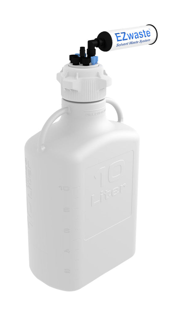 EZwaste® HD Safety Vent Carboy 10L HDPE with VersaCap® 83mm, 4 ports for 1/8" OD Tubing, 3 ports for 1/4" OD Tubing, 1 port for 1/4" HB or 3/8" HB - SolventWaste.com