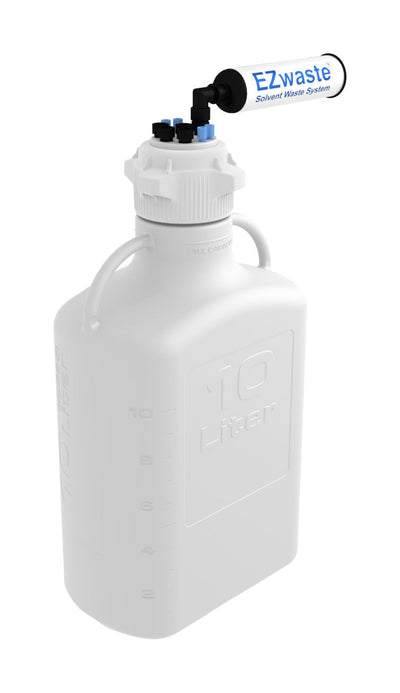 EZwaste® HD Safety Vent Carboy 10L HDPE with VersaCap® 83mm, 4 ports for 1/8" OD Tubing, 4 ports for 1/4" OD Tubing