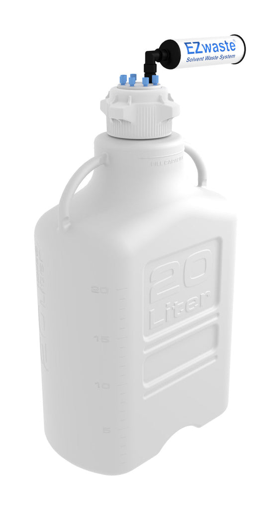 EZwaste® HD Safety Vent Bottle 20L HDPE with VersaCap® 83mm, 6 Ports for 1/8'' OD Tubing and a Chemical Exhaust Filter - SolventWaste.com