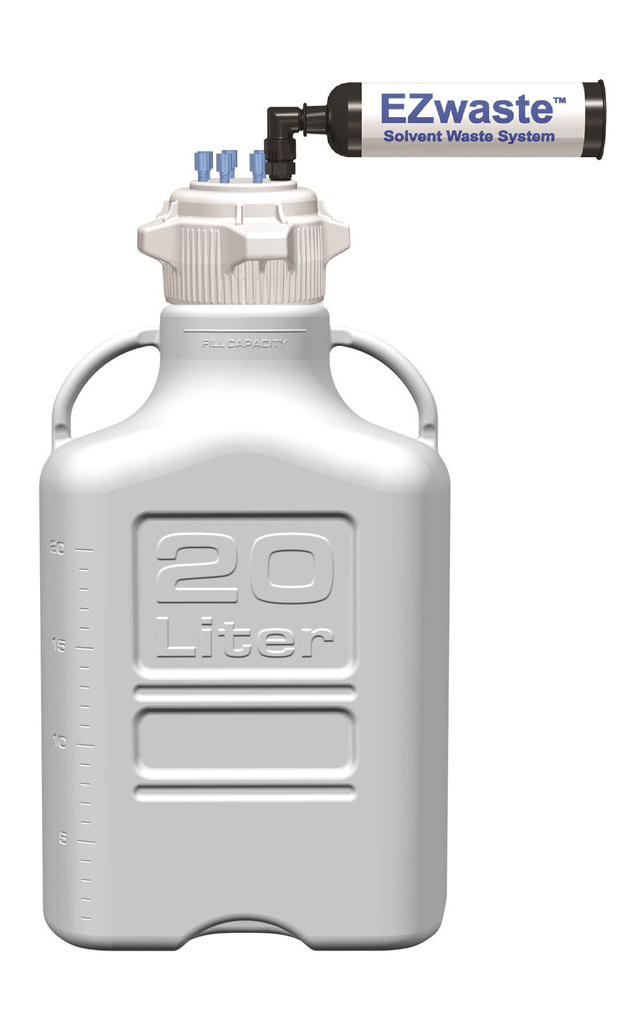 EZwaste® HD Safety Vent Carboy 20L HDPE with VersaCap® 83mm, 4 ports for 1/8" OD Tubing, 3 ports for 1/4" OD Tubing, 1 Level Sensor Port with level sensor - SolventWaste.com