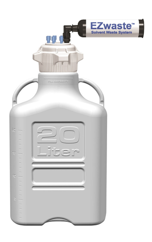 EZwaste® HD Safety Vent Carboy 20L HDPE with VersaCap® 83mm, 4 ports for 1/8" OD Tubing, 3 ports for 1/4" OD Tubing, 1 Level Sensor Port with level sensor - SolventWaste.com