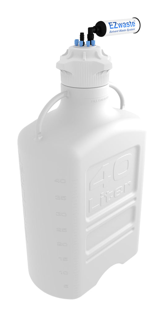 EZwaste® XL Safety Vent Carboy 40L HDPE with VersaCap® 120mm, 6 Ports for 1/8” OD Tubing, 1 Port for 1/4" HB or 3/8" HB Adapter and a Chemical Exhaust Filter - SolventWaste.com