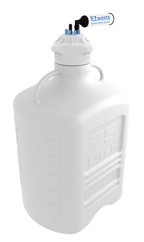 EZwaste® XL Safety Vent Carboy 75L HDPE with VersaCap® 120mm, 6 Ports for 1/8” OD Tubing, 1 Port for 1/4" HB or 3/8" HB Adapter  and a Chemical Exhaust Filter - SolventWaste.com