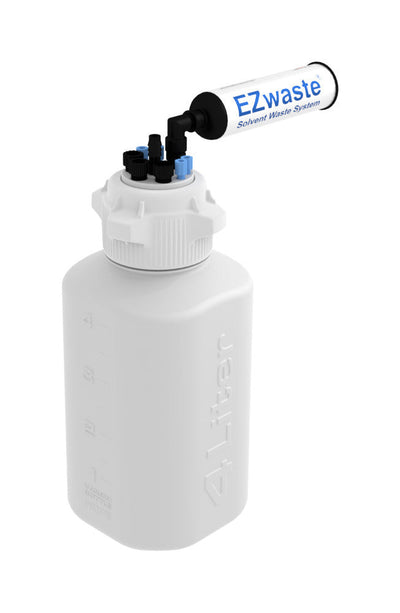 EZwaste® HD Safety Vent Bottle 4L HDPE with VersaCap® 83mm, 4 ports for 1/8" OD Tubing, 3 ports for 1/4" OD Tubing, 1 port for 1/4" HB or 3/8" HB