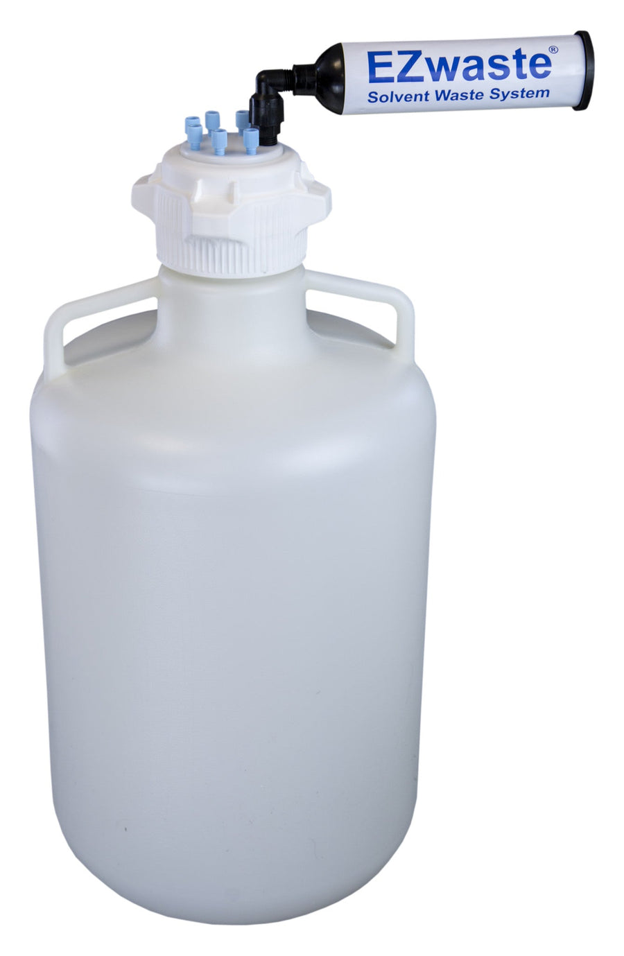 EZWaste® HD Solvent Waste System, VersaCap 83B, 6 Ports for 1/8" OD Tubing with 20L Round HDPE Container - SolventWaste.com