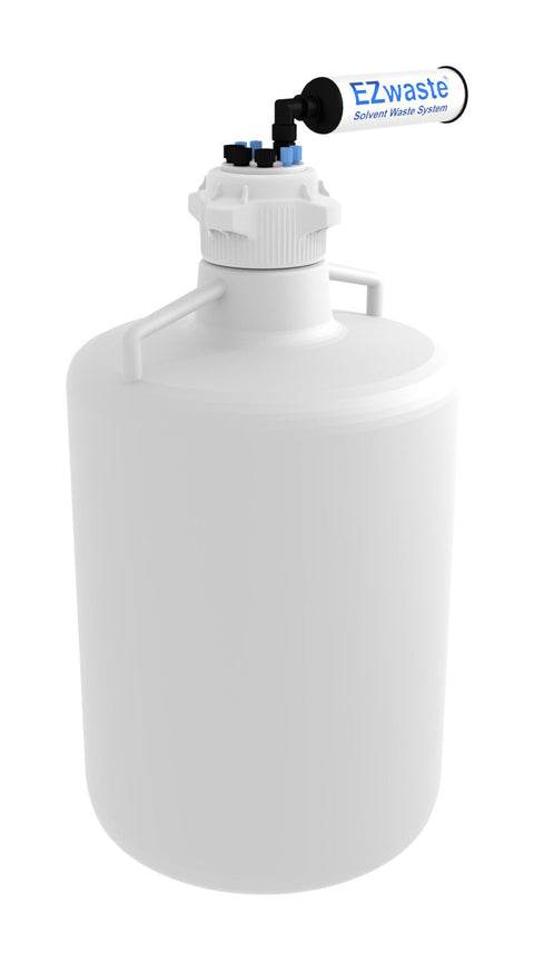 EZWaste® HD Solvent Waste System, 4 Ports for 1/8" OD Tubing, 3 ports for 1/4" OD Tubing with 20L Round HDPE Container - SolventWaste.com