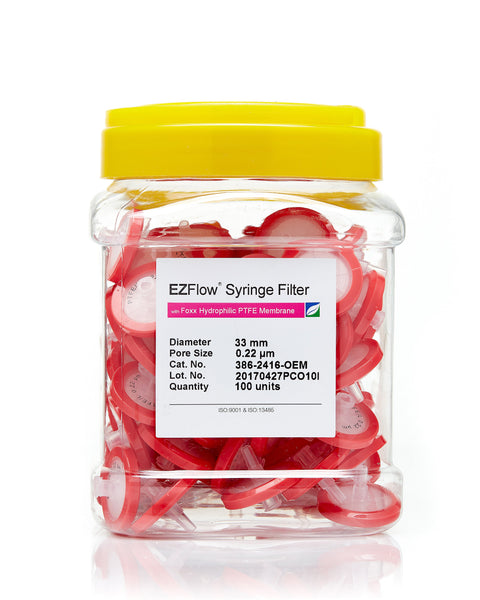 EZFlow® 33mm Syringe Filter, .2µm Hydrophilic PTFE, 100/pack - SolventWaste.com