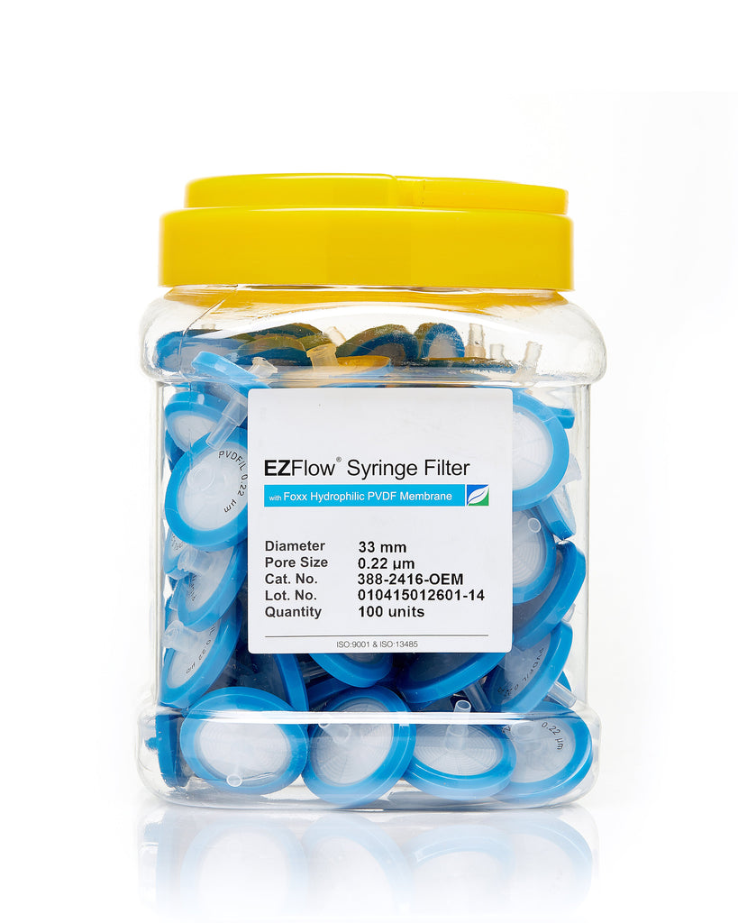 EZFlow® 33mm Syringe Filter, .2µm Hydrophilic PVDF, 100/pack - SolventWaste.com