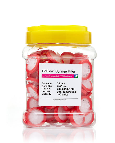 EZFlow® 33mm Syringe Filter, .45µm Hydrophilic PTFE, 100/pack - SolventWaste.com