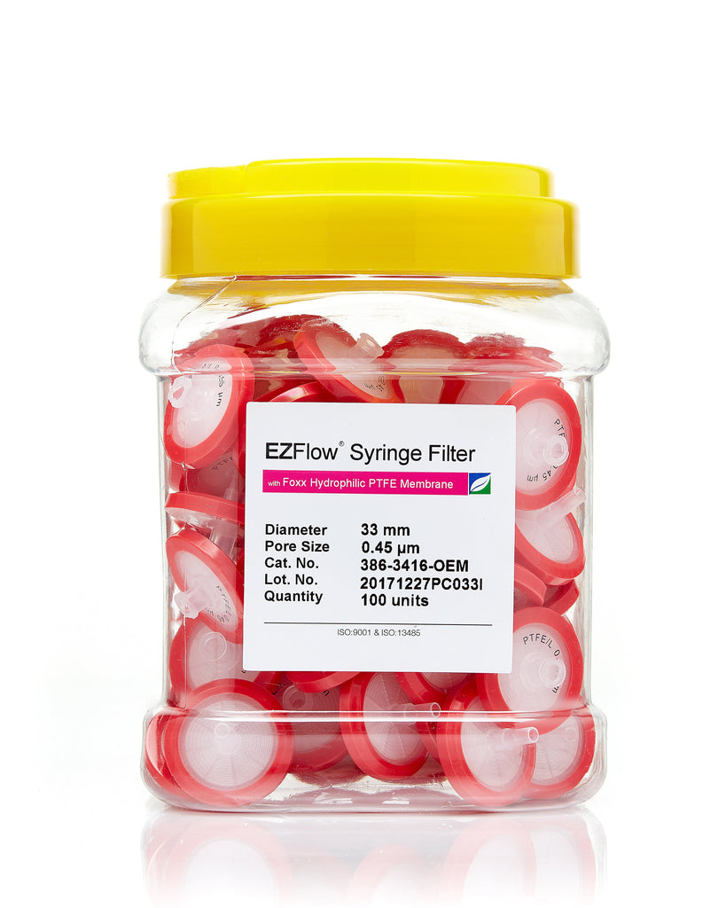 EZFlow® 33mm Syringe Filter, .45µm Hydrophilic PTFE, 100/pack - SolventWaste.com