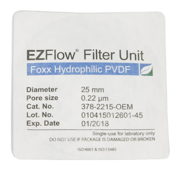 EZFlow® 25mm Sterile Syringe Filter, .2µm Hydrophilic PVDF, 25mm, 100/pack - SolventWaste.com