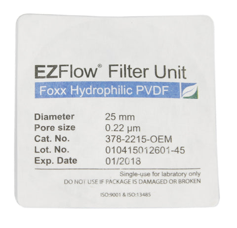 EZFlow® 25mm Sterile Syringe Filter, .2µm Hydrophilic PVDF, 25mm, 100/pack - SolventWaste.com