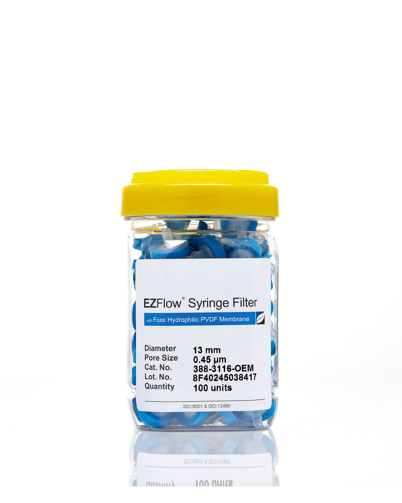 EZFlow® 13mm Syringe Filter, .45µm Hydrophilic PVDF, 100/pack - SolventWaste.com