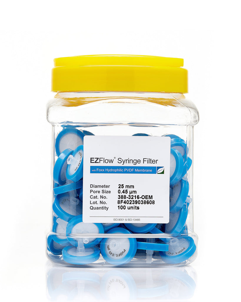 EZFlow® 25mm Syringe Filter, .45µm Hydrophilic PVDF, 100/pack - SolventWaste.com