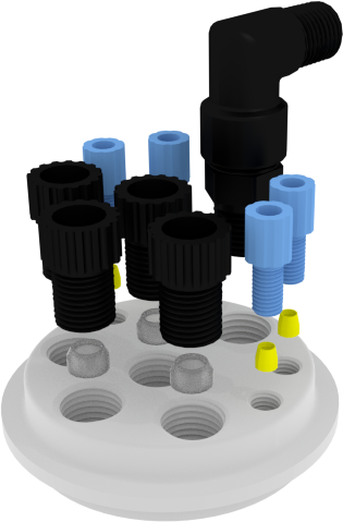 EZwaste® XL Safety Vent Carboy 75L HDPE with VersaCap® 120mm, 4 Ports for 1/8” OD Tubing, 4 Ports for ¼” OD Tubing and a Chemical Exhaust Filter - SolventWaste.com