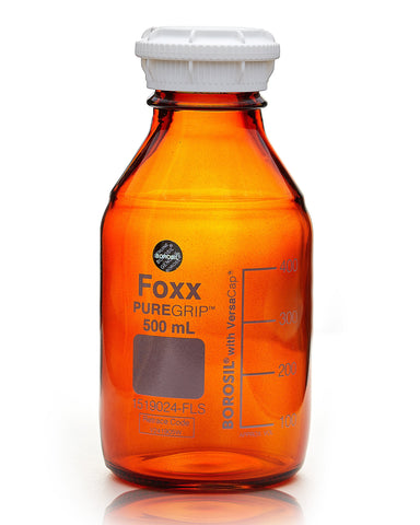 PUREGRIP®  Bottles - Reagent - Amber Graduated with GL45 Screw Cap and Pouring Ring - 500mL - 10/case - SolventWaste.com