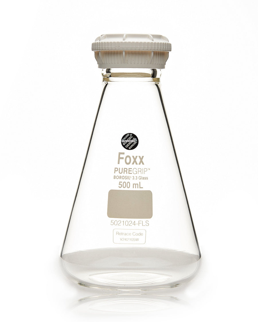 PUREGRIP® Erlenmeyer / Conical Flasks with GL45 Screw Cap 500 mL 10/Case - SolventWaste.com