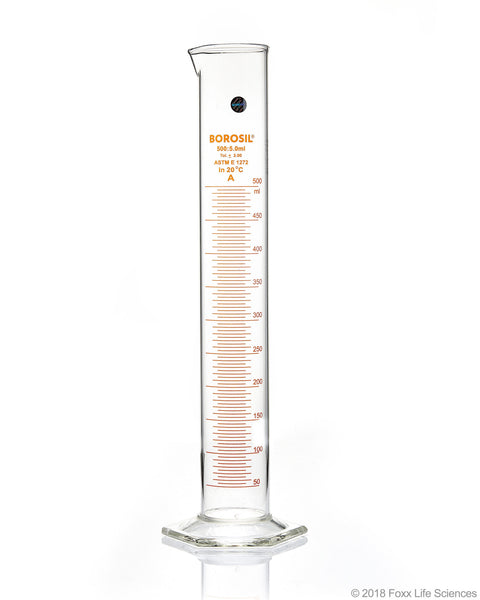 Graduated Measuring Cylinder Hexagonal Base - 500 mL Borosilicate - CS/4 - SolventWaste.com
