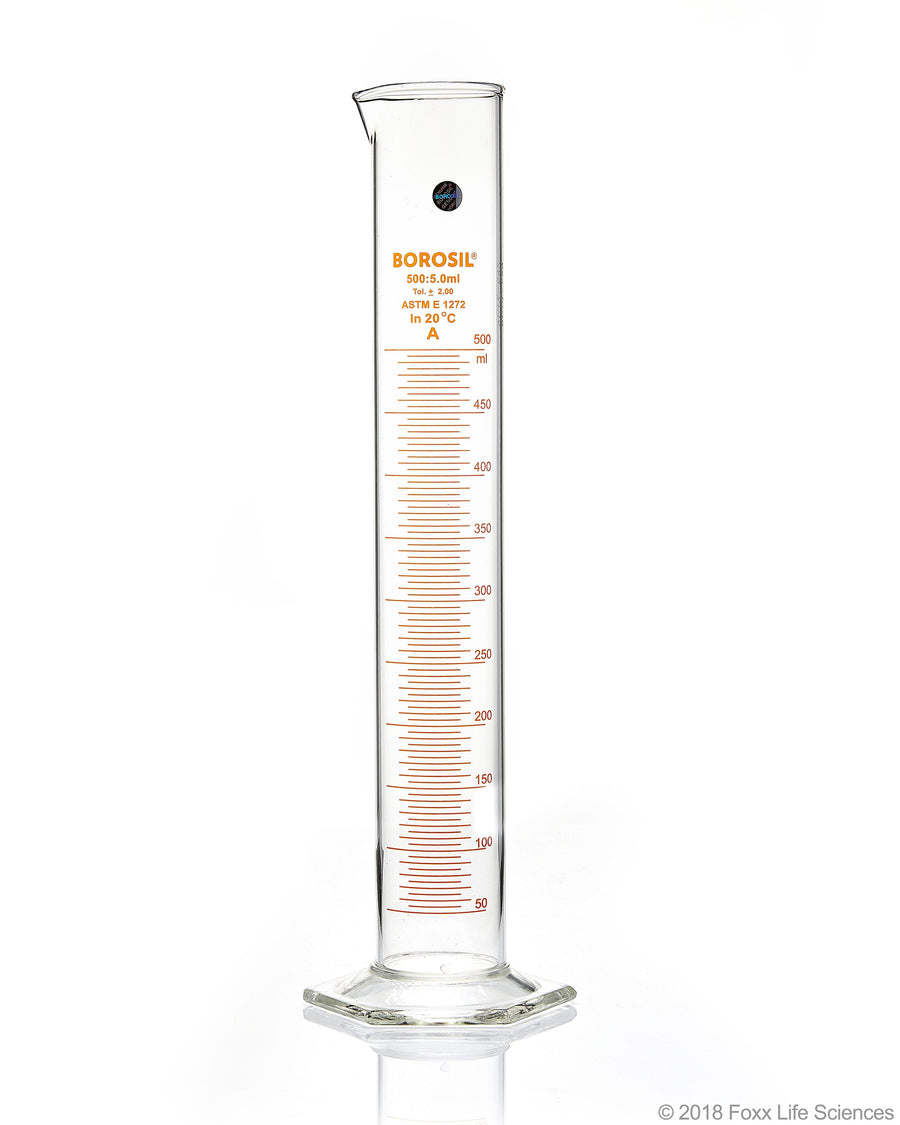 Graduated Measuring Cylinder Hexagonal Base - 500 mL Borosilicate - CS/4 - SolventWaste.com