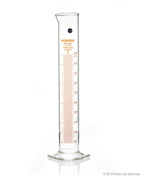 Graduated Measuring Cylinder Hexagonal Base - 500 mL Borosilicate - CS/4 - SolventWaste.com