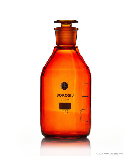 Borosil® Amber Reagent Bottles - Plain - Narrow Mouth - Graduated 500 mL - 24/29 CS/10 - SolventWaste.com
