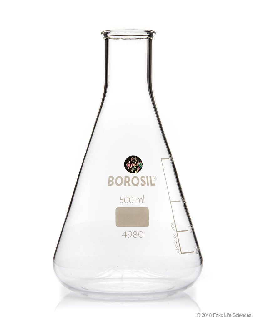 Borosil® Erlenmeyer Conical Flasks Narrow Mouth I/C Stopper 500mL - SolventWaste.com