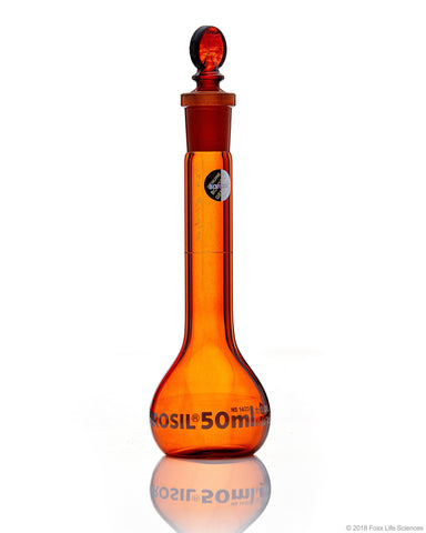 Amber Volumetric Flask - Wide Neck - With Glass I/C Stopper - Class A - Ind Cert 50 mL - SolventWaste.com