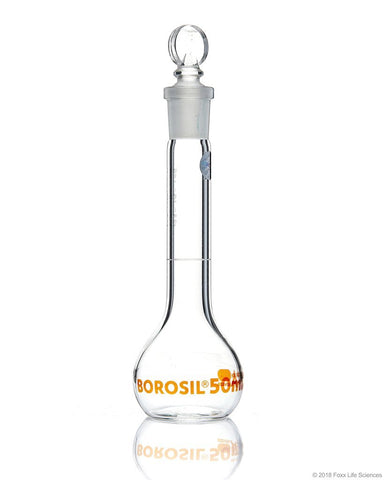 Volumetric Flask - Wide Neck - With Glass I/C Stopper - Class A - Ind Cert 50 mL - SolventWaste.com