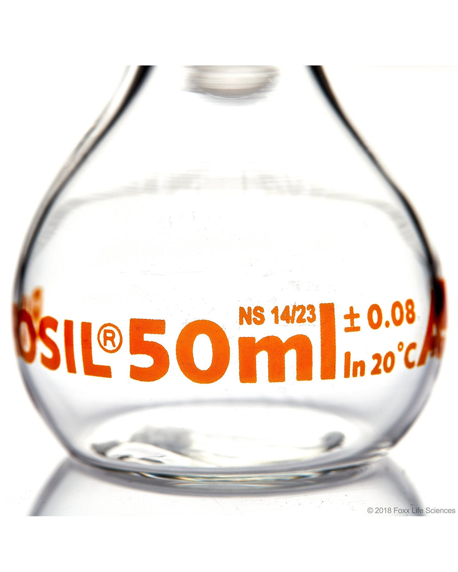 Volumetric Flask - Wide Neck - With Glass I/C Stopper - Class A with Batch certificate - 50 mL - SolventWaste.com