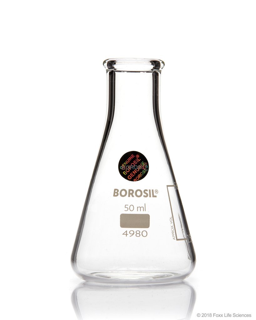 Borosil® Erlenmeyer Conical Flasks Narrow Mouth I/C Stopper 25mL - SolventWaste.com