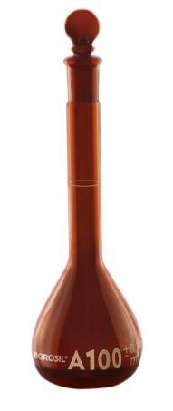 Borosil® Flasks - Volumetric - Class A - WM - Amber - Glass Stopper - 500mL - Ind. Cert - CS/10 - SolventWaste.com