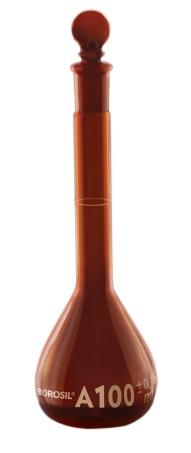 Borosil® Flasks - Volumetric - Class A - WM - Amber - Glass Stopper - 1L - Batch Cert - CS/10 - SolventWaste.com