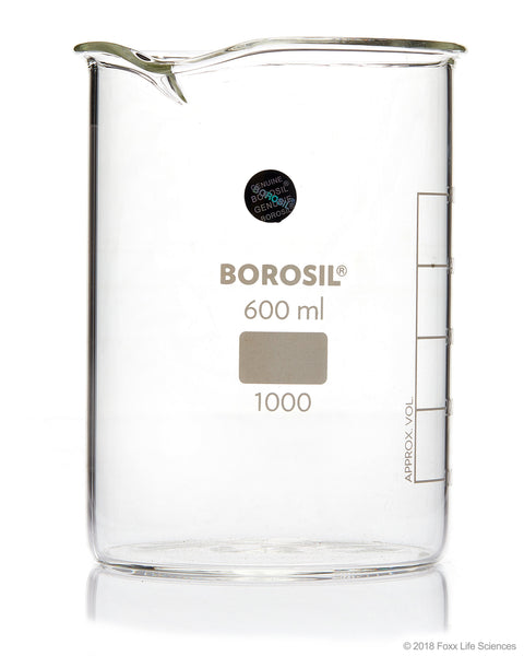 Borosil Beaker Griffin Low Form with Spout Graduated ISO 3819 Borosilicate 600mL CS/20 - SolventWaste.com