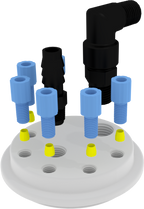 EZwaste® XL Safety Vent Carboy 75L HDPE with VersaCap® 120mm, 6 Ports for 1/8” OD Tubing, 1 Port for 1/4" HB or 3/8" HB Adapter  and a Chemical Exhaust Filter - SolventWaste.com