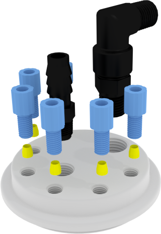 EZwaste® XL Safety Vent Carboy 75L HDPE with VersaCap® 120mm, 6 Ports for 1/8” OD Tubing, 1 Port for 1/4" HB or 3/8" HB Adapter  and a Chemical Exhaust Filter - SolventWaste.com