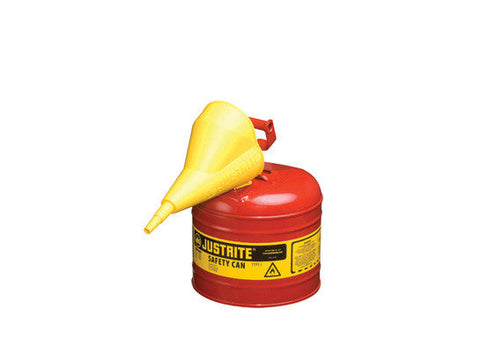 TYPE I STEEL SAFETY CAN FOR FLAMMABLES, WITH FUNNEL, 2 GALLON (7.5L), S/S FLAME ARRESTER, SELF-CLOSE LID - SolventWaste.com
