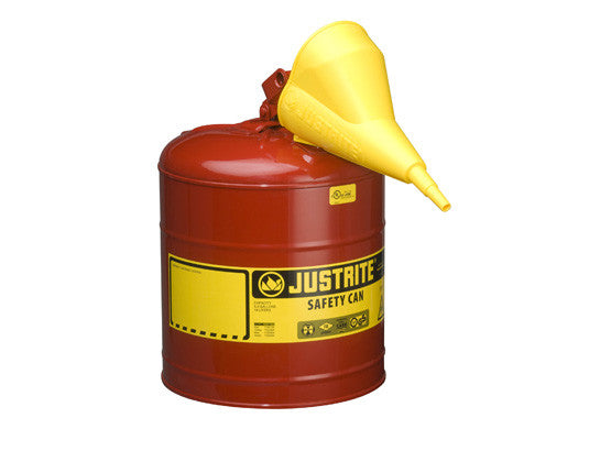 TYPE I STEEL SAFETY CAN FOR FLAMMABLES, WITH FUNNEL, 5 GALLON (19L), S/S FLAME ARRESTER, SELF-CLOSE LID - SolventWaste.com