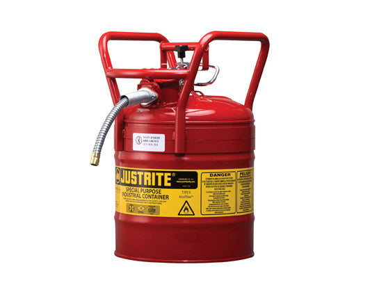 Type II AccuFlow™ D.O.T. Steel Safety Can, 5 gal., 5/8" metal hose, flame arrester, roll bars - SolventWaste.com