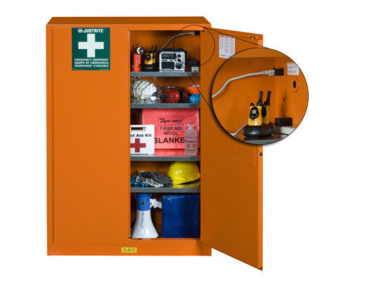 Emergency Preparedness Storage Cabinet, PowerPort™ electrical pass-thru, 4 shelves, 2 keys - SolventWaste.com