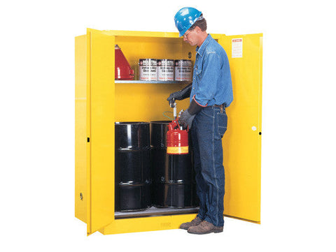 Sure-Grip® EX Vertical Drum Safety Cabinet and Drum Rollers, Cap. 60 gal., 1 shelf, 2 m/c doors - SolventWaste.com