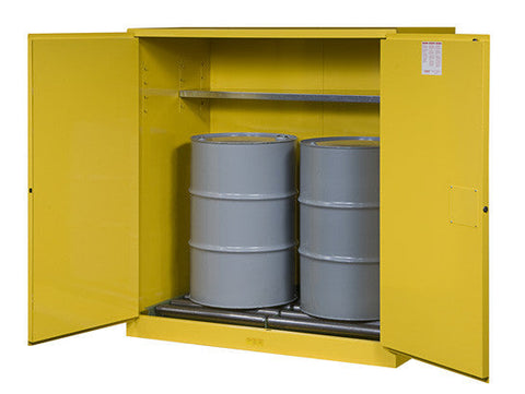 Sure-Grip® EX Vertical Drum Safety Cabinet and Drum Rollers, Cap. 110 gal., 1 shelf, 2 s/c doors - SolventWaste.com