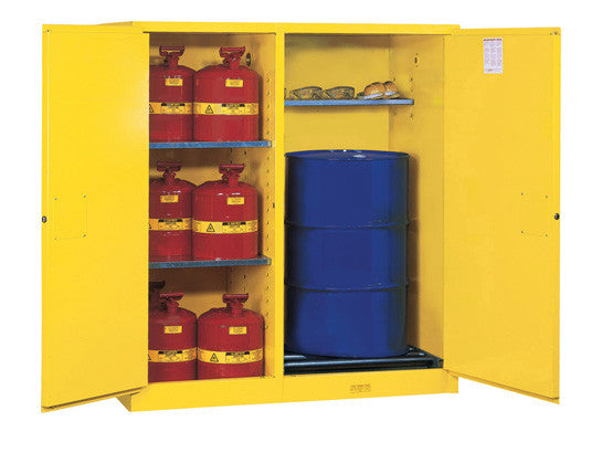 Sure-Grip® EX Dbl-Duty Safety Cabinet w/Drm Rlrs, partition/store drum/can, 3 shelves, 2 m/c doors - SolventWaste.com