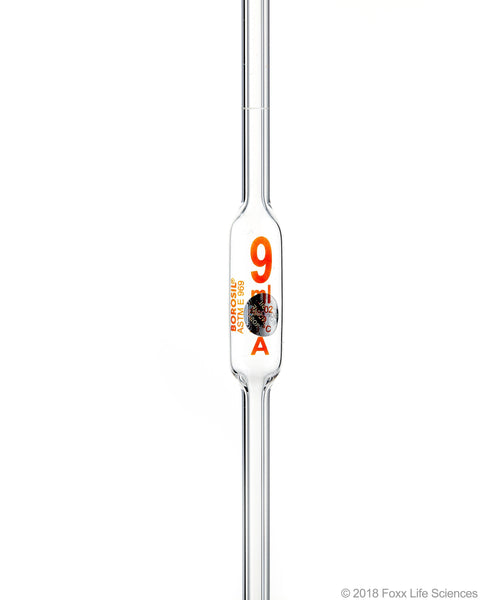 Borosil Volumetric Pipette Bulb Pipette Class A Accuracy ASTM Batch Certificate 9mL Borosilicate - SolventWaste.com