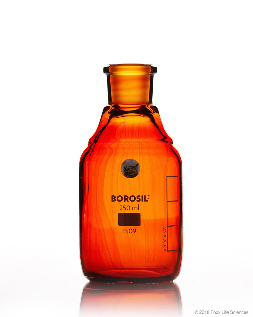 Borosil® Amber Reagent Bottles - Plain - Narrow Mouth - Graduated 250 mL CS/10 - SolventWaste.com