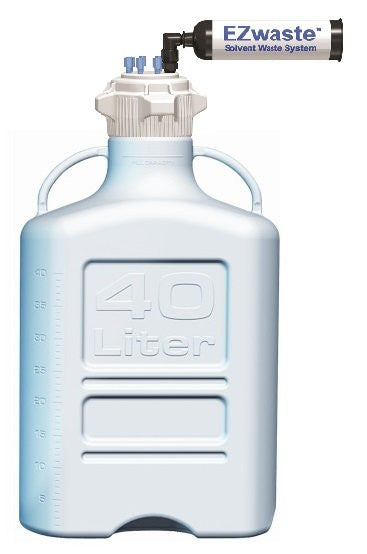 EZwaste® XL Safety Vent Carboy 40L HDPE with VersaCap® 120mm, 4 Ports for 1/16” OD Tubing, 3 Ports for ¼” OD Tubing and a Chemical Exhaust Filter - SolventWaste.com
