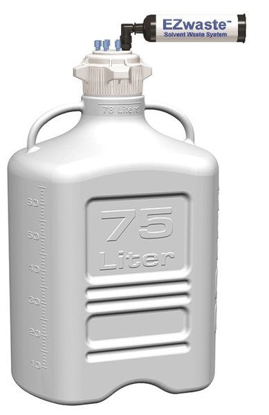 EZwaste® XL Safety Vent Carboy 75L HDPE with VersaCap® 120mm, 4 Ports for 1/16” OD Tubing, 3 Ports for ¼” OD Tubing and a Chemical Exhaust Filter - SolventWaste.com