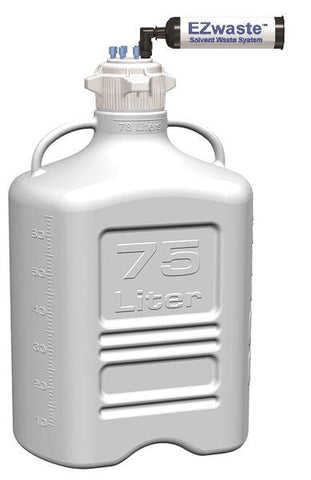 EZwaste® XL Safety Vent Carboy 75L HDPE with VersaCap® 120mm, 4 Ports for 1/16” OD Tubing, 3 Ports for ¼” OD Tubing and a Chemical Exhaust Filter - SolventWaste.com